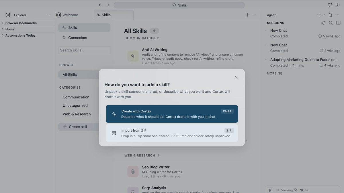 Importar un archivo Markdown o ZIP para crear un skill