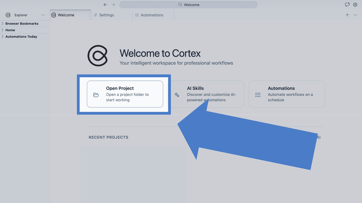 Open Project en la pantalla de bienvenida de Cortex